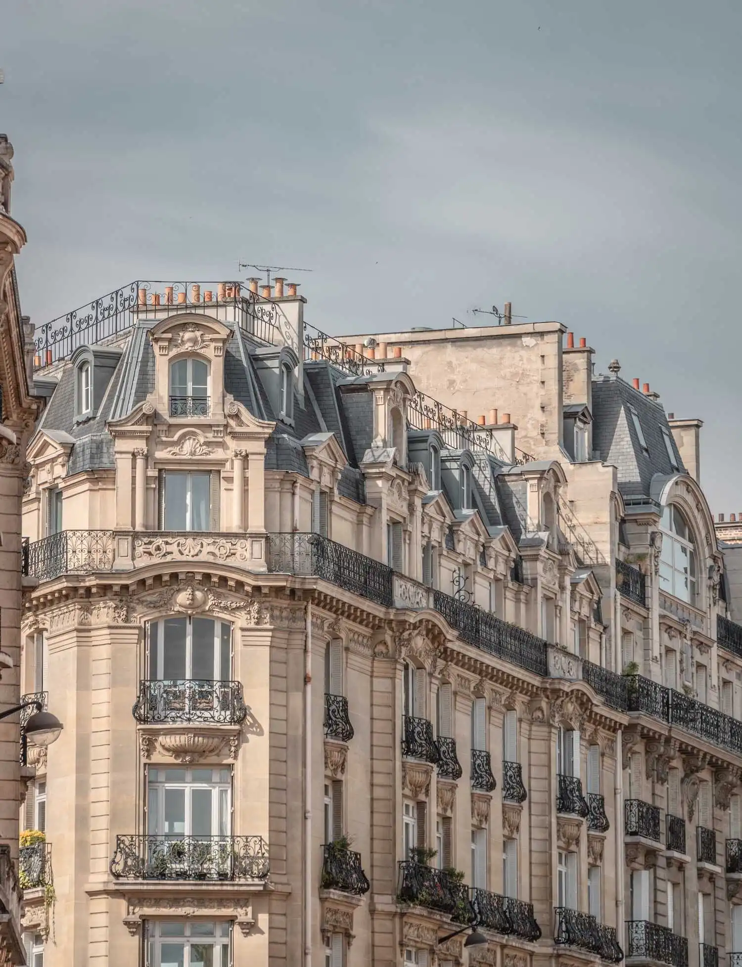 Immeuble haussmannien parisien, symbole du patrimoine immobilier géré par Heritia, avec une identité visuelle créée par BigBizYou.