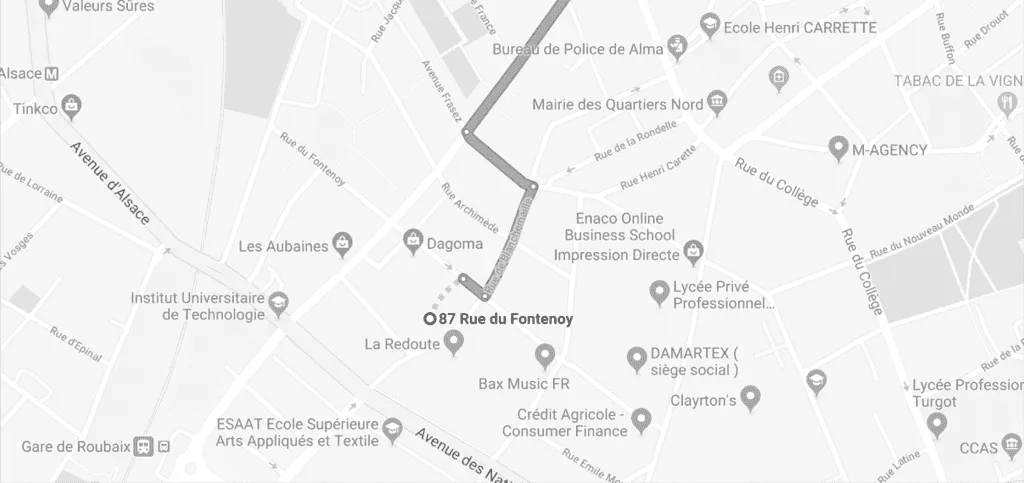 Capture d'écran d'une carte indiquant l'emplacement de l'agence digitale BigBizYou au 87 rue du Fontenoy à Roubaix, France.