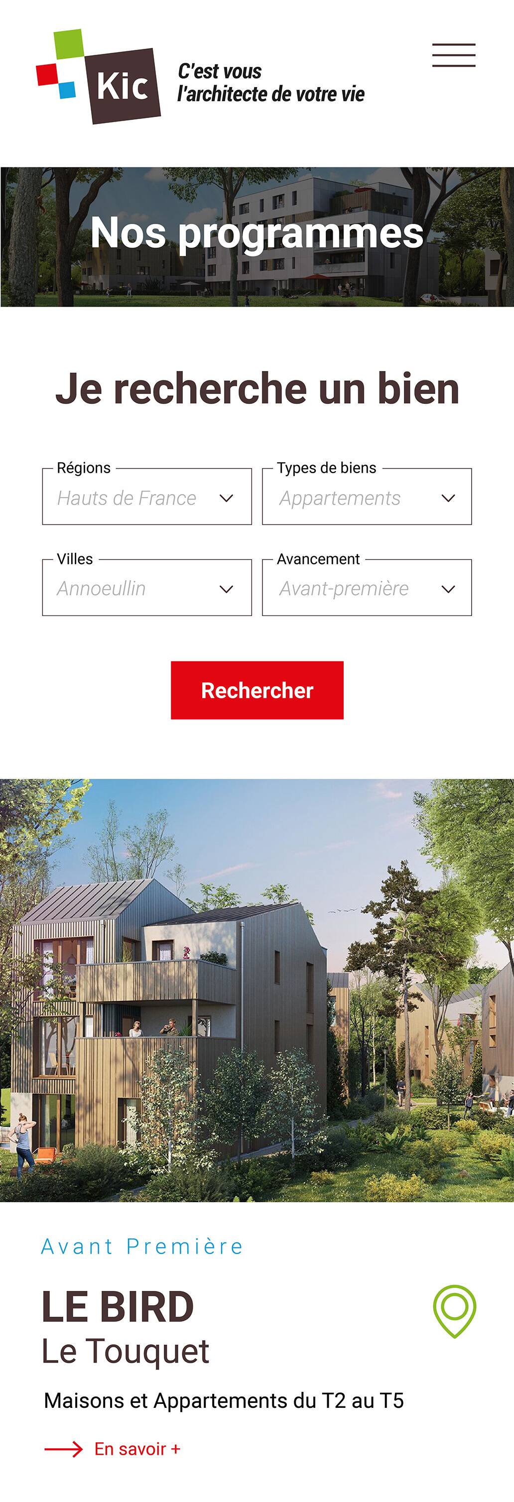 Page d'accueil du site web immobilier KIC, une création BigBizYou